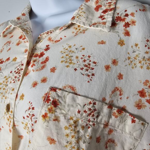 Orvis Women’s L Floral Button Front Shirt Cream Orange Cotton Modal Short Sleeve - Picture 2 of 9